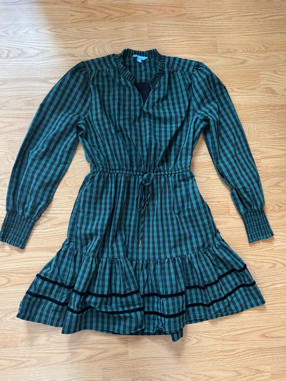 Draper James Green Black Plaid Long-Sleeve Ruffle Dress - M